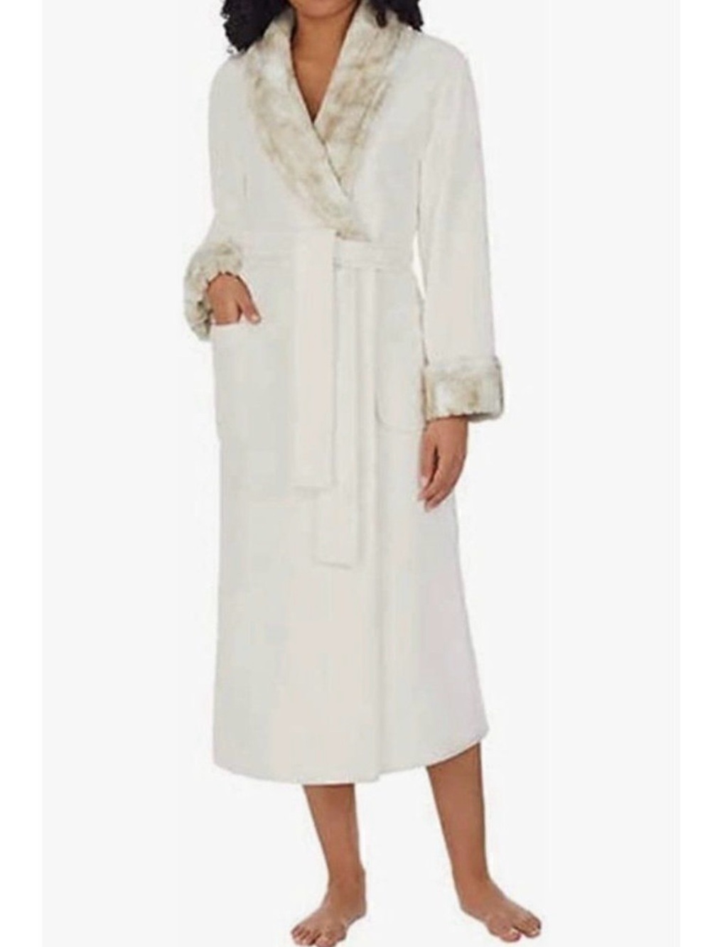 NEW-Carole Hochman Plush Womans Belted Cream FauxFur Trim Maxi Robe w/Tan Trim L